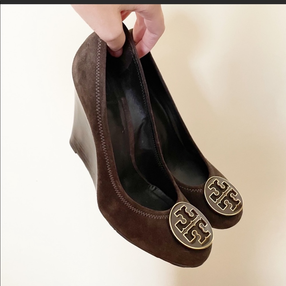 Tory Burch Sophie Brown suede leather wedge heels 8.5